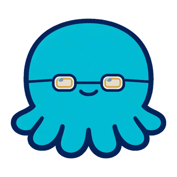 Splashy, the OctoWorks octopus mascot, wearing his gold browline glasses